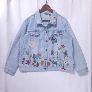 Chicos Embroidered‎ Denim Jacket Women 3 (=XL)  Floral Butterfly Crochet